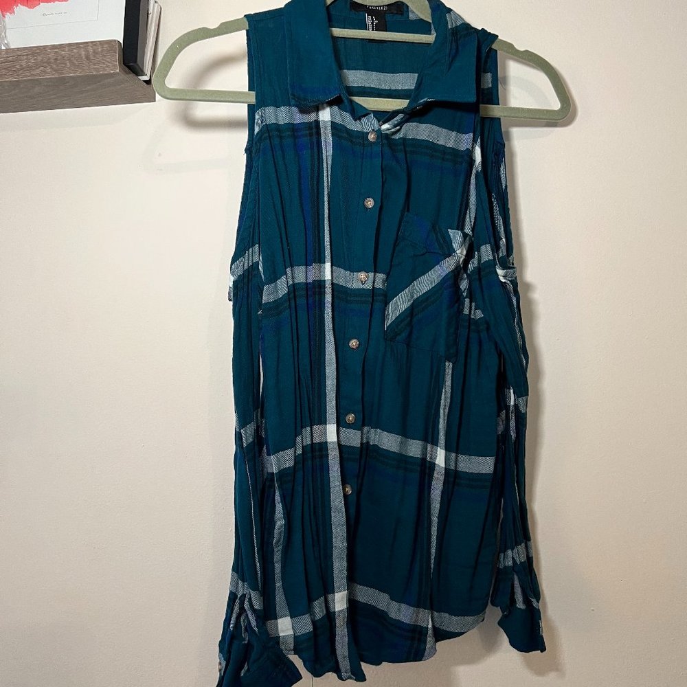 Green Plaid Cold Shoulder Button Up Top